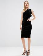Asos Premium Velvet One Shoulder Ruffle Midi Dress - Black