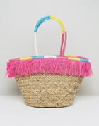 South Beach Fringe Straw Bag With Wrapped Handles - Multi