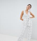 Prettylittlething Polka Dot Tie Front Jumpsuit - White