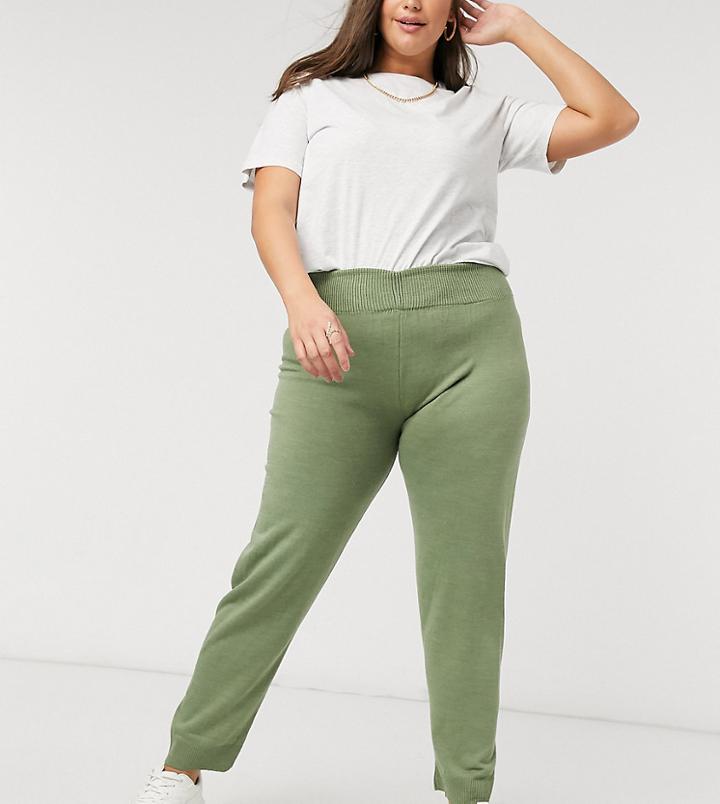 Fashionkilla Plus Knitted Rib Jogger In Khaki-green