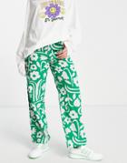 Monki Wide Leg Pants In Green Flower Print-multi