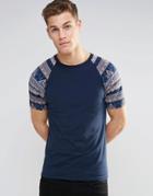 Asos Muscle T-shirt With Geo-tribal Raglan Sleeves In Navy - Navy