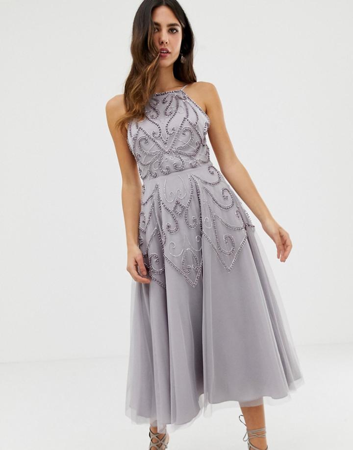 Asos Design Delicate Beaded Backless Midi Dress - Multi