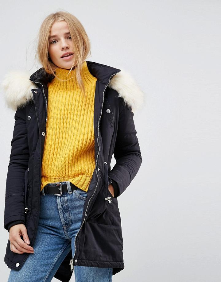 Brave Soul Coaster Parka Coat With Contrast Pu Trims - Navy