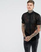 Asos Regular Fit Viscose Sheer Stripe Shirt - Black