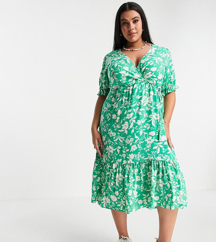New Look Curve Short Sleeve Floral Shirred Cuff Midi Dress In Green