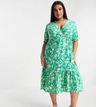 New Look Curve Short Sleeve Floral Shirred Cuff Midi Dress In Green