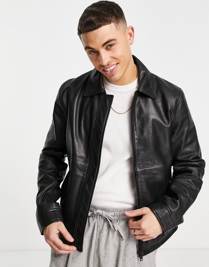 Barneys Originals Leather Harrington Jacket In Black