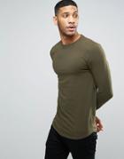 Asos Longline Muscle Long Sleeve T-shirt With Curve Hem In Green - Green