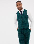 Asos Design Wedding Skinny Suit Vest In Blackwatch Plaid-green