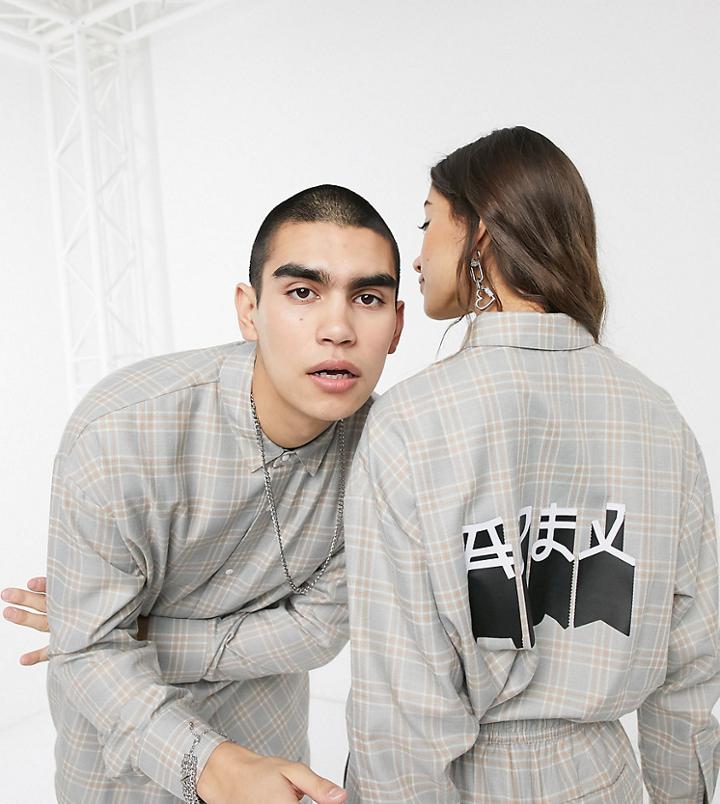 Collusion Unisex Oversized Check Shirt With Plastisol Print-multi