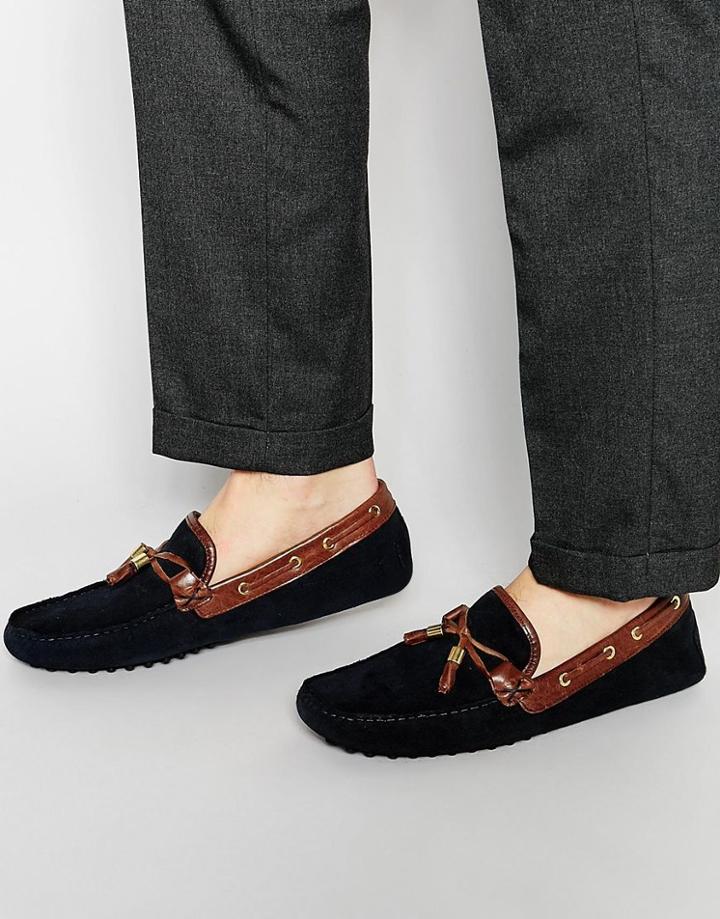 Asos Driving Shoes In Navy Suede With Brown Leather Details - Navy