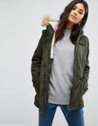 Only Short Parka With Faux Fur Hood - Green