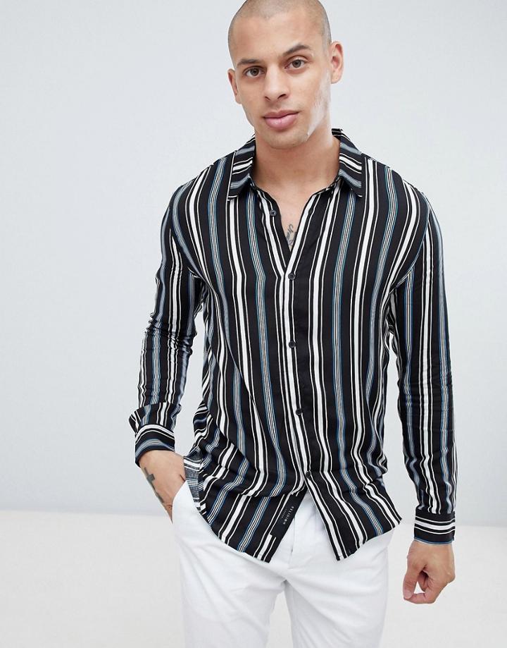 Religion Revere Collar Shirt In Rayon With Vertical Stripe - Black
