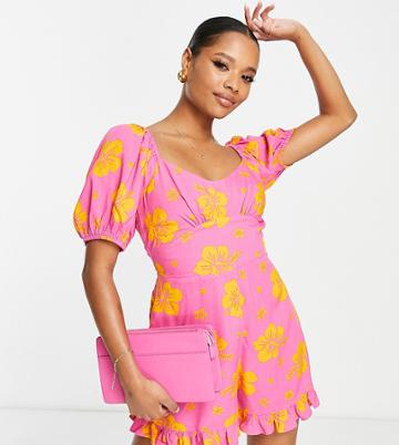 Miss Selfridge Petite Lace Back Romper In Pink Tropical Print