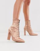 Asos Design Equals Lace Up Block Heel Boots In Pink Satin