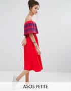 Asos Petite Off Shoulder Midi Sundress With Broderie Frill - Red