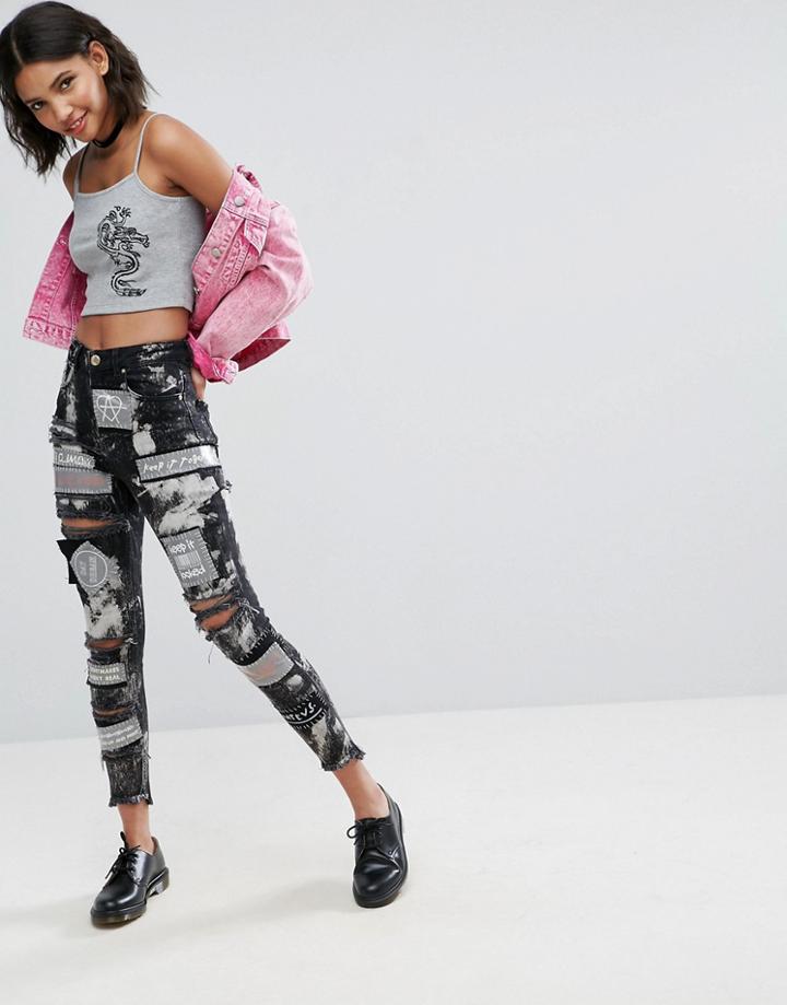 Asos Rebel Skinny Jeans With Rips And Patches - Black