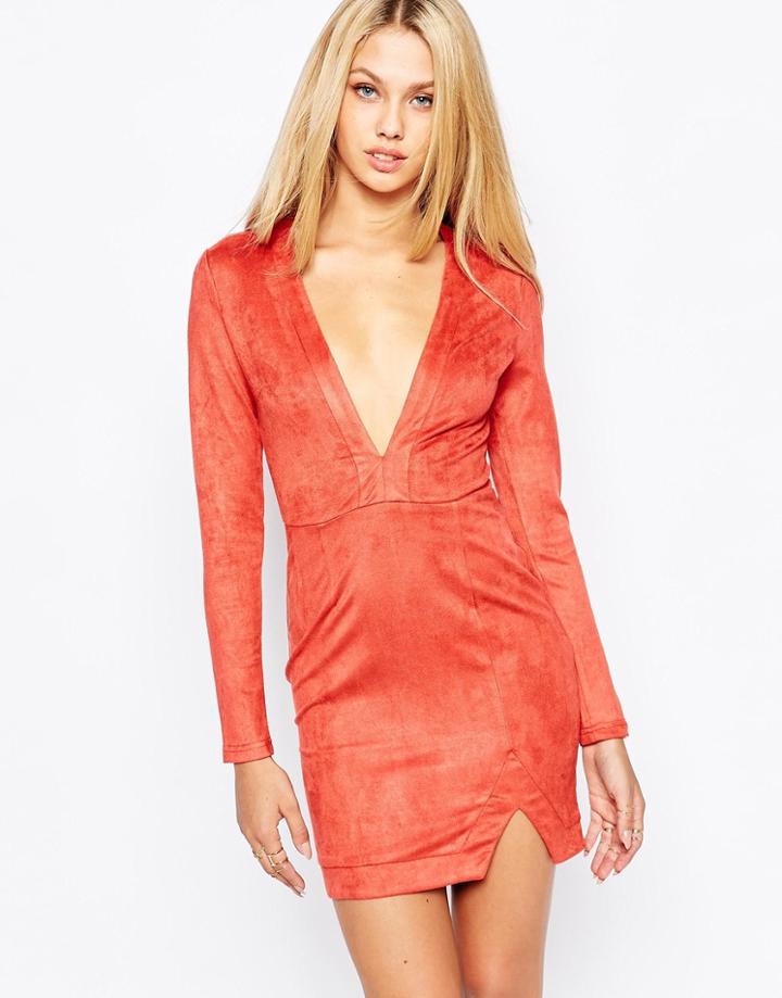 Missguided Deep Plunge Body-conscious Dress - Terracotta