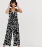 Asos Design Curved Smock Jumpsuit In Mono Abstract Print-multi