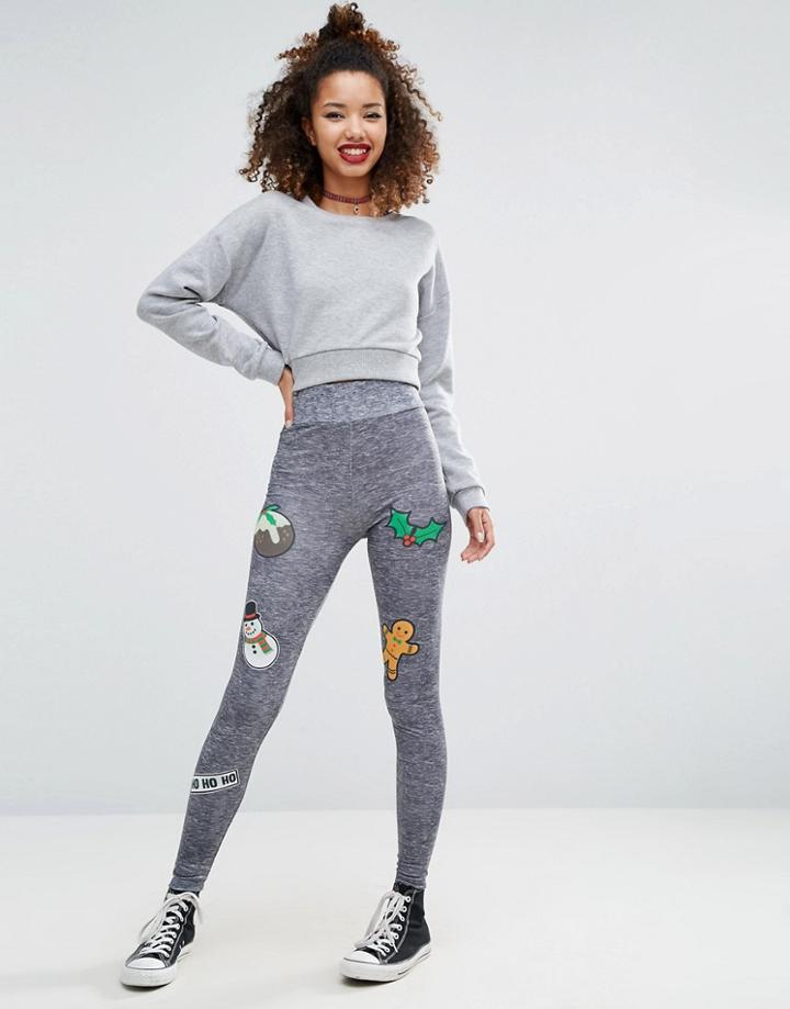 Asos Holidays Badge Print Leggings - Gray