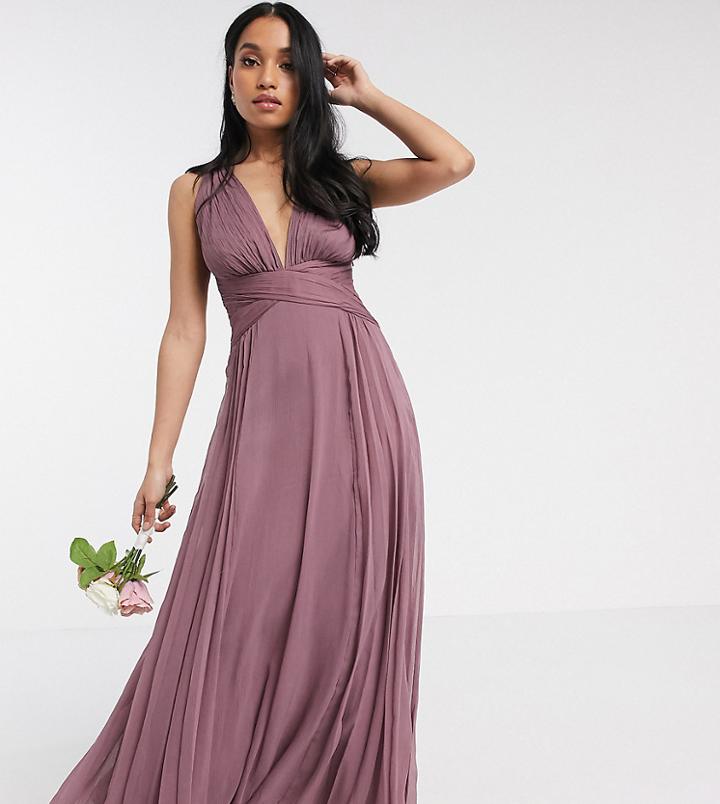 Asos Design Petite Bridesmaid Ruched Bodice Drape Maxi Dress With Wrap Waist-purple