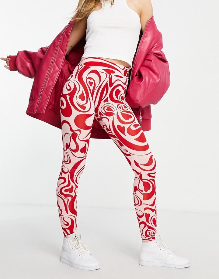 Monki Polyester Leggings In Red Swirl Print - Red