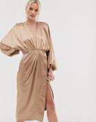 Asos Edition Extreme Sleeve Plunge Midi Dress In Satin - Gold