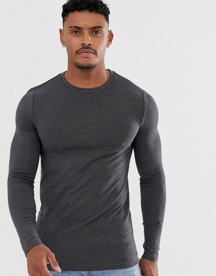 Asos Design Muscle Fit Long Sleeve T-shirt In Charcoal Marl - Gray