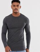 Asos Design Muscle Fit Long Sleeve T-shirt In Charcoal Marl - Gray