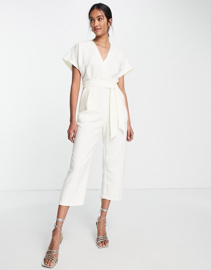 Closet London Tie Waist Kimono Jumpsuit In Cream-white