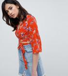 Missguided Tall Floral Cropped Tie Side Top - Red