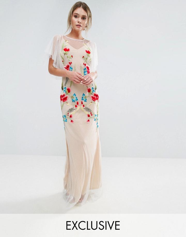 Hope & Ivy Embroidered Sheer Maxi Dress With Fishtail And Flutter Sleeve - White