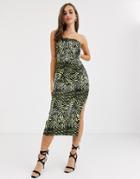 John Zack Bandeau Midaxi Pencil Dress In Lime Zebra-multi