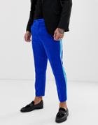 Asos Design Tapered Pants In Blue Satin With Side Stripe - Blue