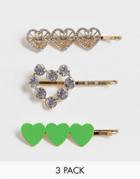 Asos Design Pack Of 3 Hair Clips In Heart Designs In Gold Tone