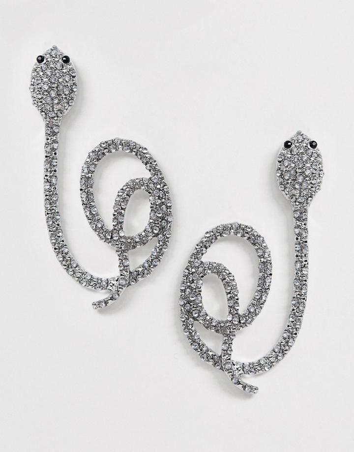 Asos Design Earrings With Pave Stone Swirling Snake Design In Silver Tone - Silver