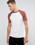 Asos T-shirt With Contrast Raglan Sleeves In Light Gray/red