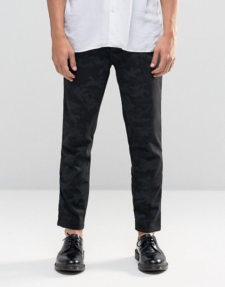 Asos Slim Cropped Pants With Pleats In Dark Blue Camo - Dark Blue