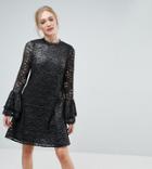 Little Mistress Tall Metallic Cutwork Lace Swing Dress With Fluted Sleeve Detail-silver