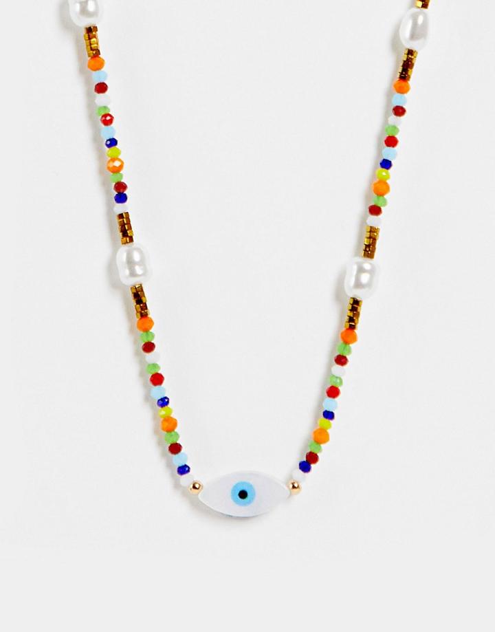 Asos Design Bead Necklace With Printed Eye Pearl Design In Multi