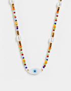 Asos Design Bead Necklace With Printed Eye Pearl Design In Multi