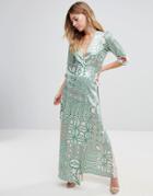 Traffic People V Neck 3/4 Sleeve Printed Maxi Dress - Multi