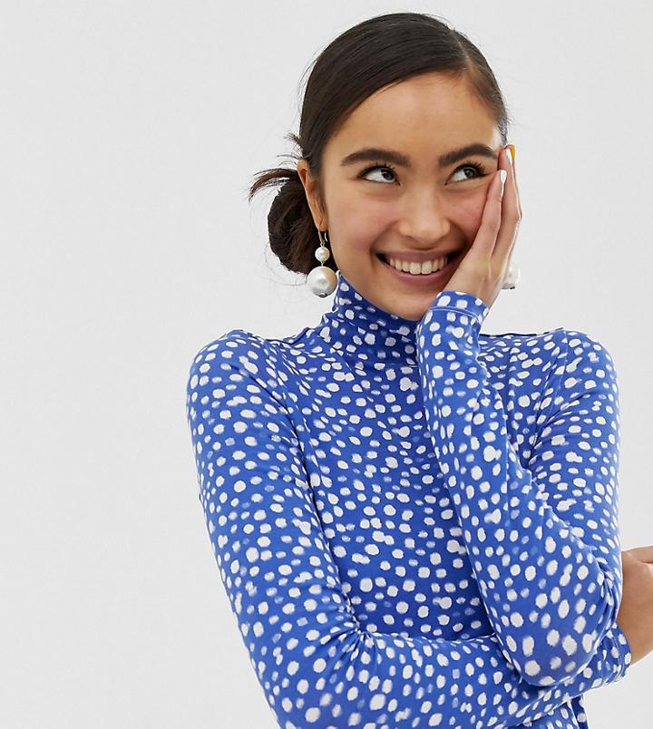Monki High Neck Top In Blue And White Dot Print - Multi