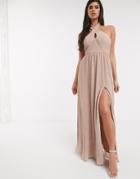 Bariano Shimmer Plisse Halter Neck Maxi Dress In Caramel-gold