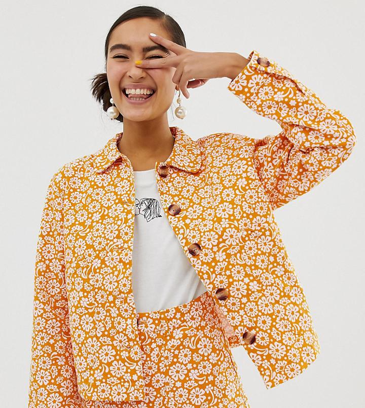 Monki Denim Jacket Ditsy Flower Print In Yellow