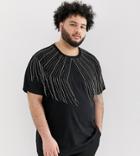 Asos Design Plus Festival Relaxed Longline T-shirt With Embellished Gem Fringing In Black - Black