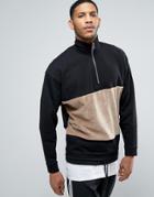Asos Oversized Longline Half Zip Sweatshirt With Velour Panel - Black