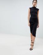 Asos Design Midi Pencil Dress With Tuck Detail - Black