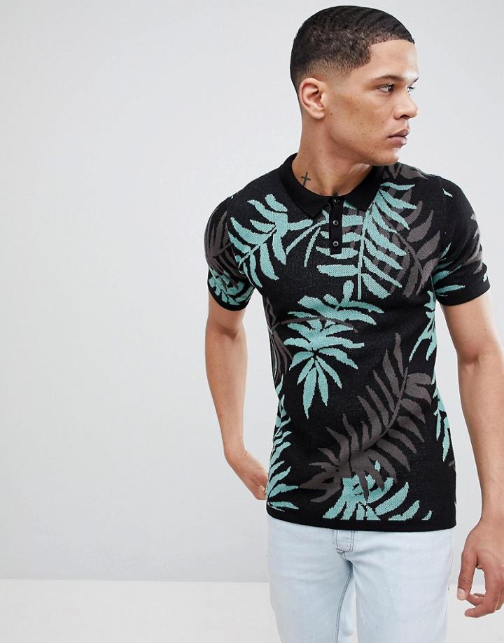 Asos Design Muscle Fit Knitted Polo With Leaf Design In Black - Black